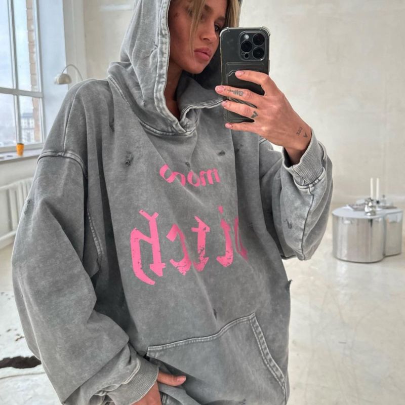 Wholesale Women Fashion Vintage Distressed Letter Print Hoodie