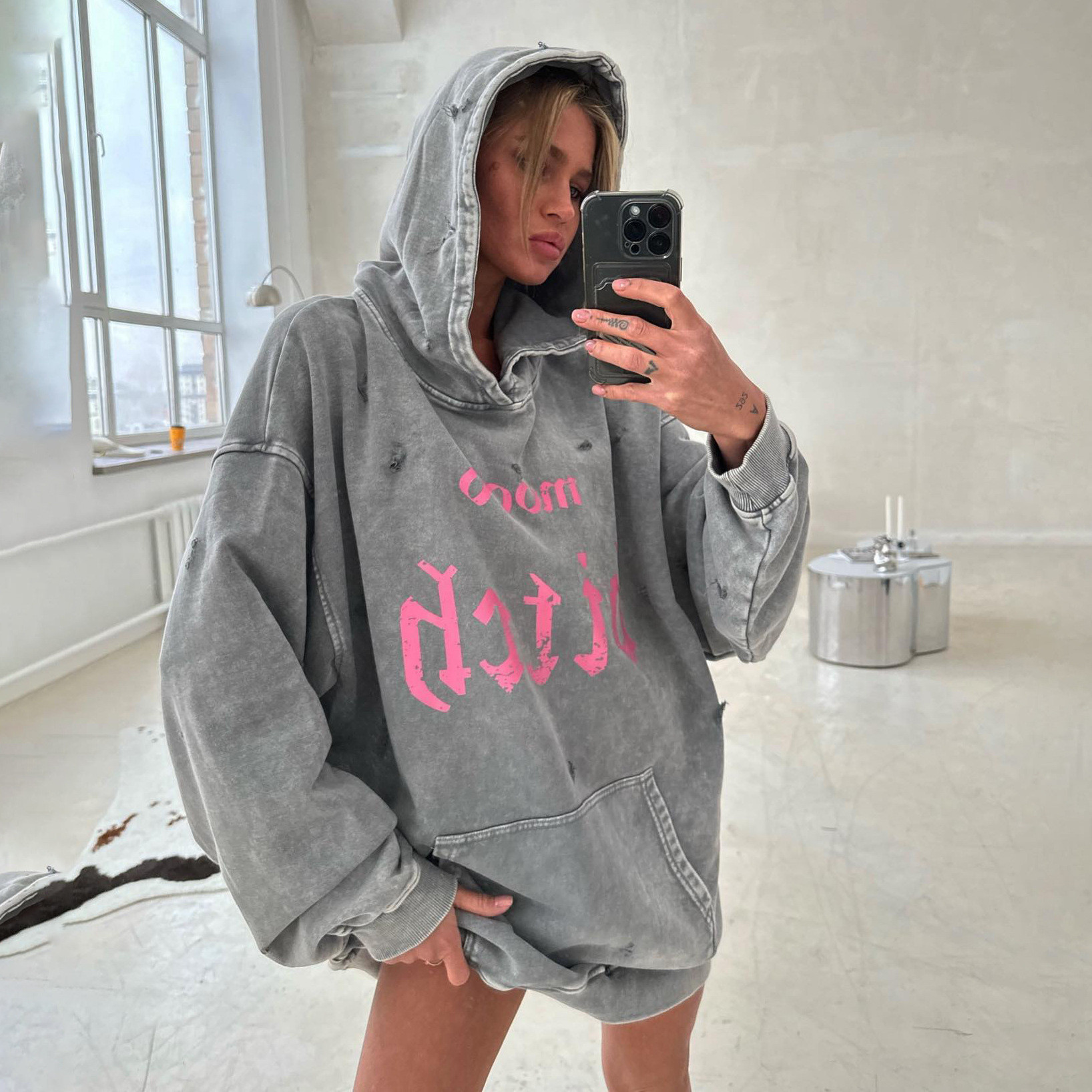 Wholesale Women Fashion Vintage Distressed Letter Print Hoodie