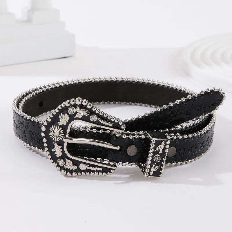 Women's Fashion Solid Color Punk PU Embossed Metal Buckle Belt