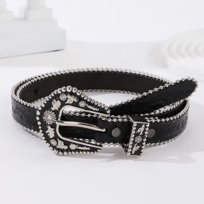 Women's Fashion Solid Color Punk PU Embossed Metal Buckle Belt