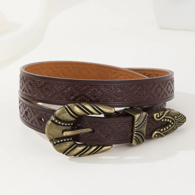 Women Fashion Casual Vintage Solid Color Punk PU Carving Metal Buckle Belt