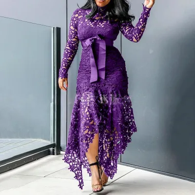Women Plus Size Solid Color Lace Hollow Long Sleeve Crewneck Midi Dress