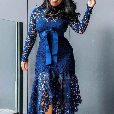 Women Plus Size Solid Color Lace Hollow Long Sleeve Crewneck Midi Dress
