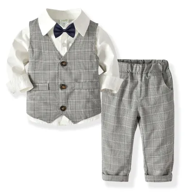 Kids Toddler Boys Spring Autumn Fashion Casual British Style Bow Plaid Waistcoat Shirt Trousers Party Clothing Set