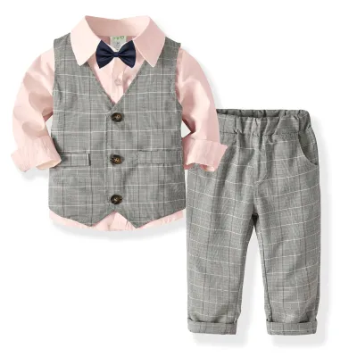 Kids Toddler Boys Spring Autumn Fashion Casual British Style Bow Plaid Waistcoat Shirt Trousers Party Clothing Set