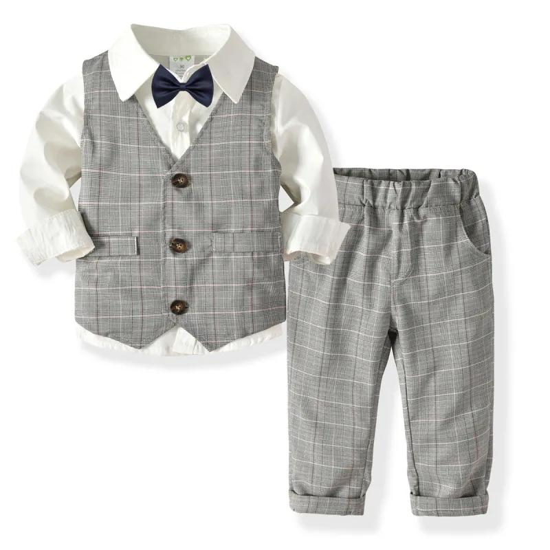 Kids Toddler Boys Spring Autumn Fashion Casual British Style Bow Plaid Waistcoat Shirt Trousers Party Clothing Set