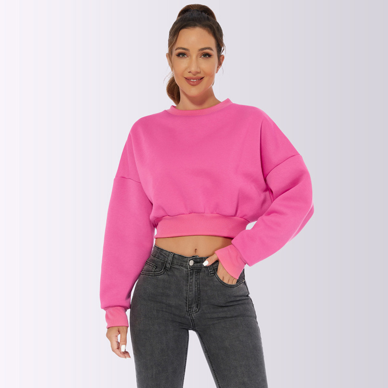 Wholesale Autumn Winter Women Fashionable Solid Color Round Neck  Fleece-Lined Crop Sweatshirt
