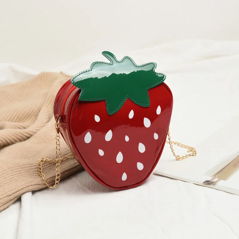 Women Creative Fashion Cartoon Strawberry Chain Zipper Crossbody Bag PU Small Square Bag