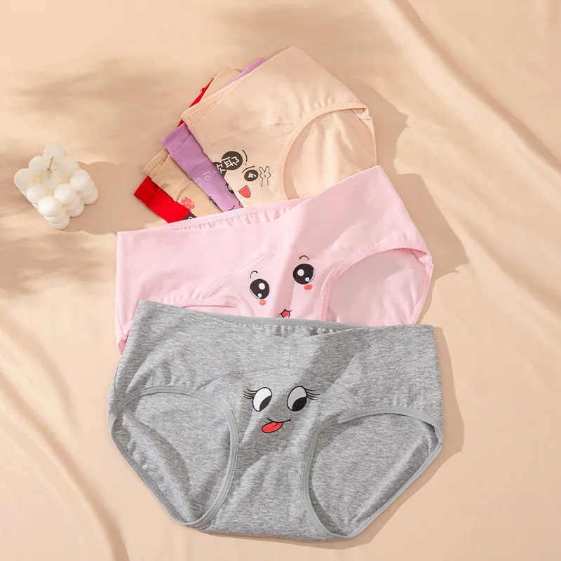 Pregnant Women Cartoon Expression Printing Comfortable Abdomen-Supporting Cotton Underwear
