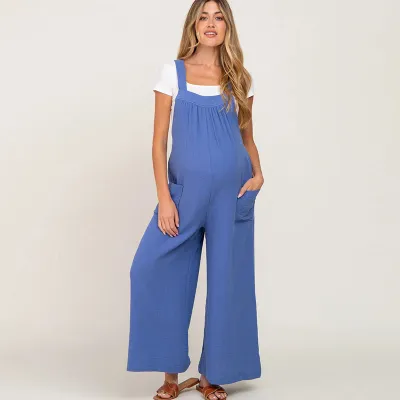 Fashion Beige Wide Leg Lace-Up Maternity Jumpsuits