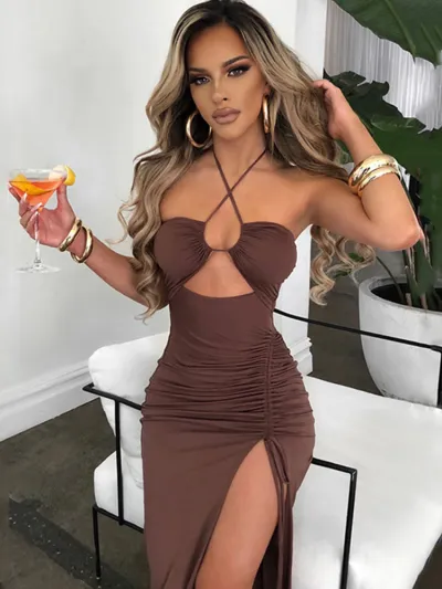 Women Fashion Sexy Solid Color Tight Halter Neck Backless Side Slit Maxi Dress