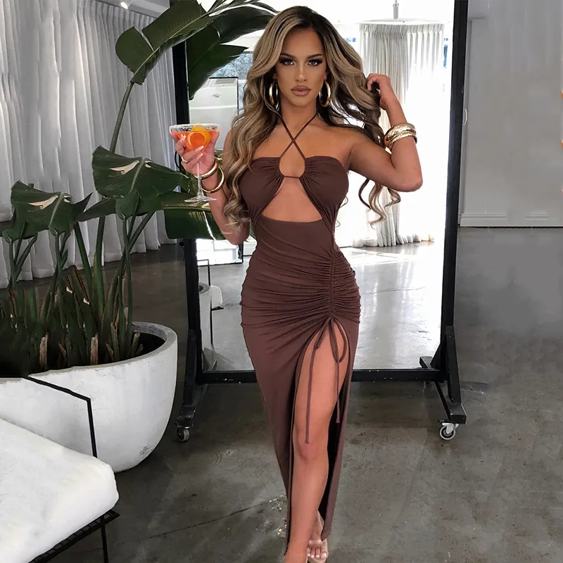 Women Fashion Sexy Solid Color Tight Halter Neck Backless Side Slit Maxi Dress