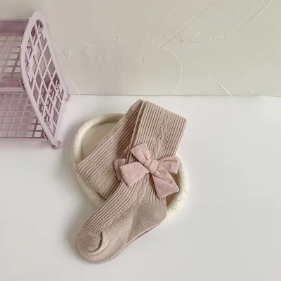 Kids Toddler Girls Casual Solid Color Bow Knitted Leggings One-Body Socks for Spring Autumn