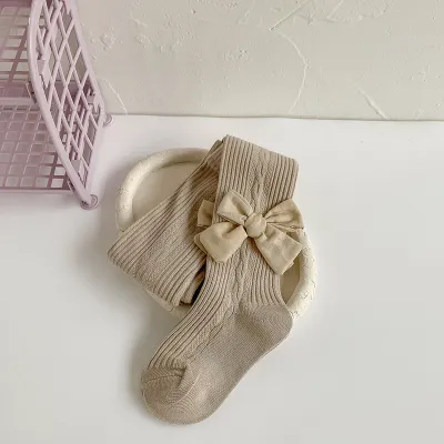 Kids Toddler Girls Casual Solid Color Bow Knitted Leggings One-Body Socks for Spring Autumn
