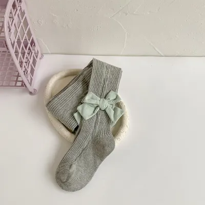 Kids Toddler Girls Casual Solid Color Bow Knitted Leggings One-Body Socks for Spring Autumn