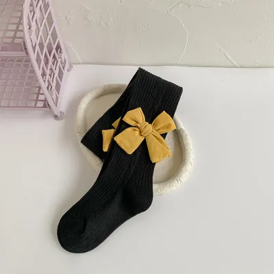 Kids Toddler Girls Casual Solid Color Bow Knitted Leggings One-Body Socks for Spring Autumn