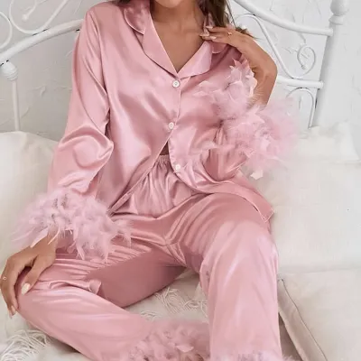 Women's Loose Ice Silk Ostrich Hair Long Sleeve Top Pants Pajamas Set
