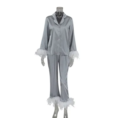 Women's Loose Ice Silk Ostrich Hair Long Sleeve Top Pants Pajamas Set
