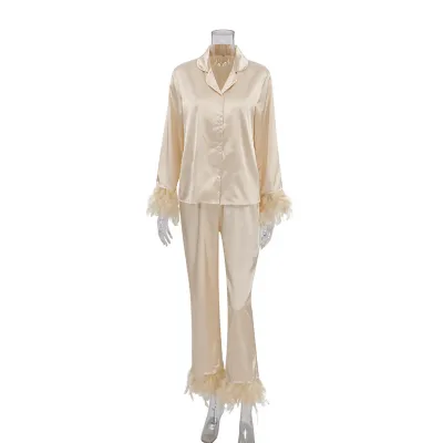 Women's Loose Ice Silk Ostrich Hair Long Sleeve Top Pants Pajamas Set