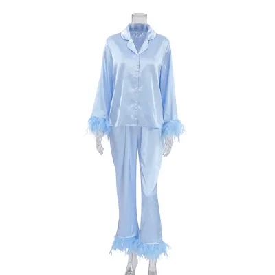 Women's Loose Ice Silk Ostrich Hair Long Sleeve Top Pants Pajamas Set