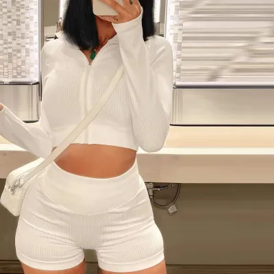 Women Fashion Solid Color Pit Strip Zipper Top Shorts Two-Piece Set