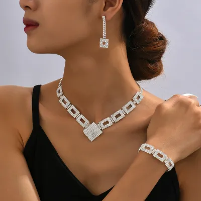 Women Fashion Square Rhinestone Bracelet Earrings Necklace Dinner Dress Jewelry Set