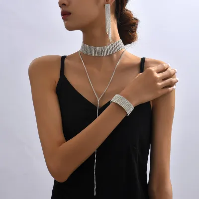 Women Fashion Stretch Tassel Set With Rhinestone Earrings Necklace Bracelet Jewelry Set