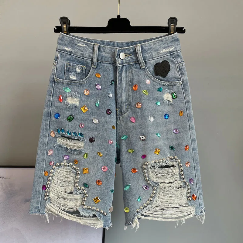 Women Fashion Multicolour Rhinestone Denim Bermuda Shorts