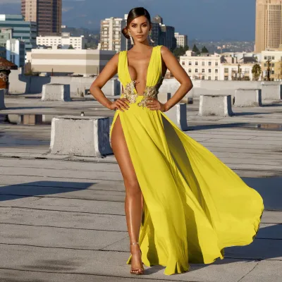 Women Sexy Deep V Split Maxi Party Dress Street Hipster