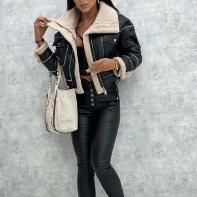 Women Fashion Autumn Winter PU Plush Jacket Coat Street Punk