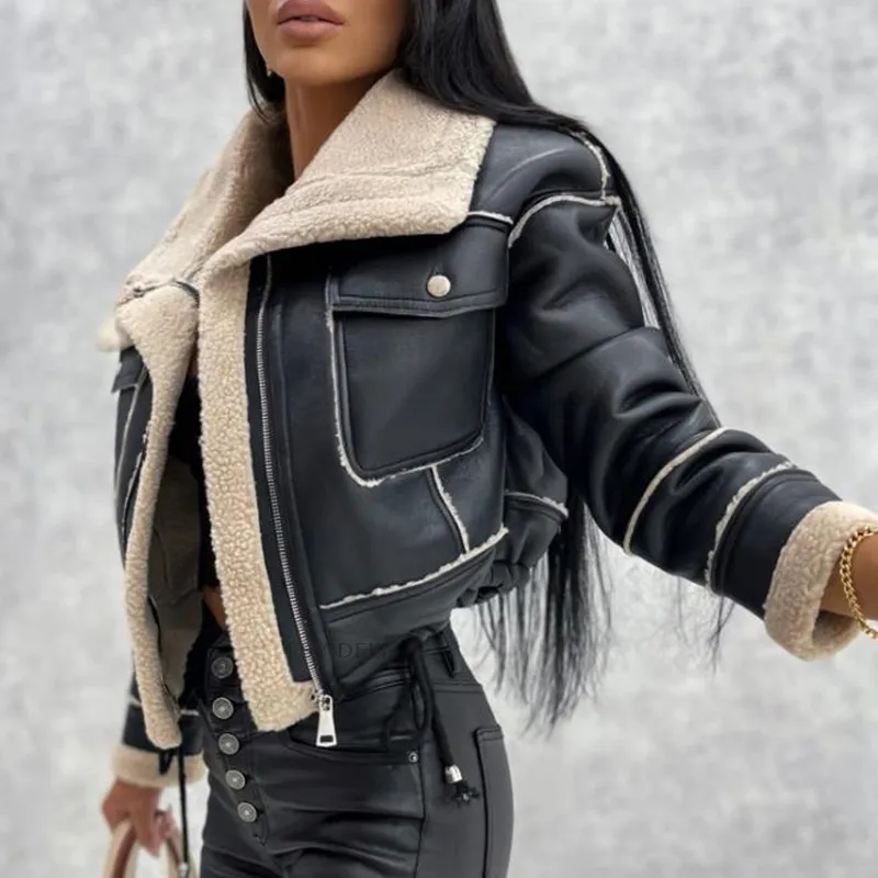 Women Fashion Autumn Winter PU Plush Jacket Coat Street Punk