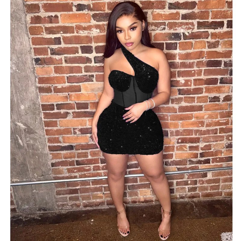Women Sexy Mesh Sequin One Shoulder Short Bodycon Dress