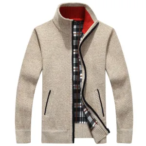 Men Plus Size Autumn Winter Casual Commuter Solid Color Turtle Neck Zipper Cardigan Knitted Sweater