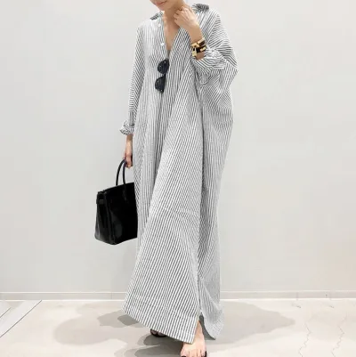 Women's Fashion Loose Stripe Print Large Size Maxi Dress with Raglan Sleeves