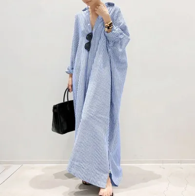 Women's Fashion Loose Stripe Print Large Size Maxi Dress with Raglan Sleeves