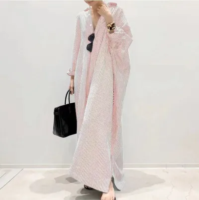 Women's Fashion Loose Stripe Print Large Size Maxi Dress with Raglan Sleeves