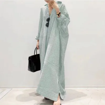 Women's Fashion Loose Stripe Print Large Size Maxi Dress with Raglan Sleeves