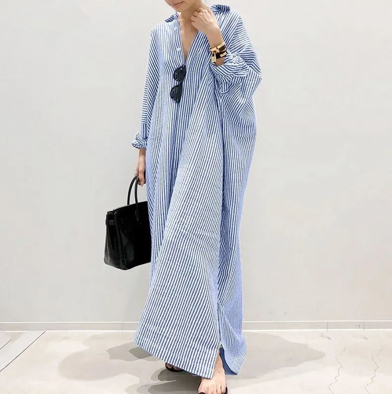 Women's Fashion Loose Stripe Print Large Size Maxi Dress with Raglan Sleeves