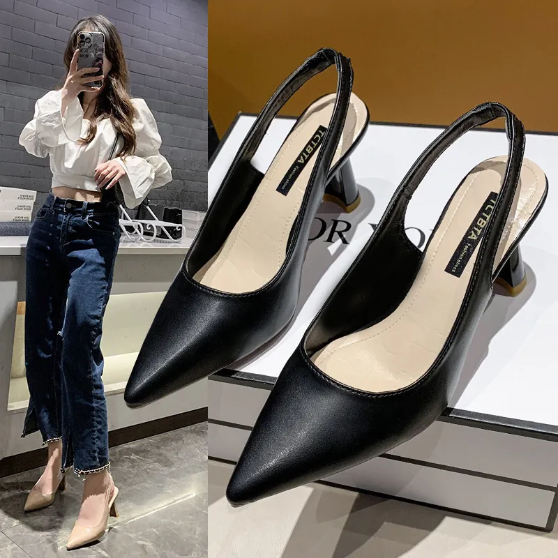 Women's Solid Color Pointed Toe Hollow PU Mid Heel Sandals Work Shoes