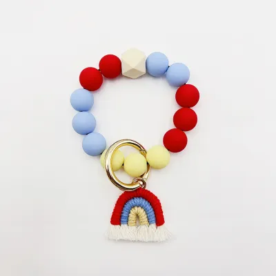 Women's Fashion Creative Candy Color Round Bead Rainbow Hand-Woven Tassel Keychain