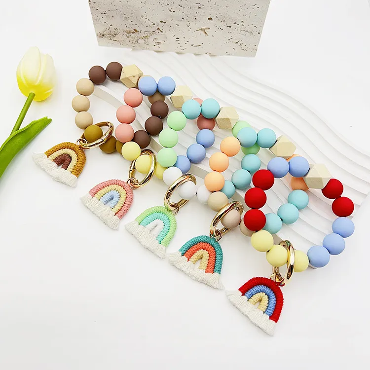 Women's Fashion Creative Candy Color Round Bead Rainbow Hand-Woven Tassel Keychain