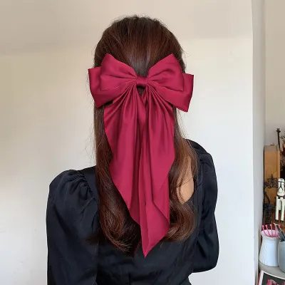Women Fashion Solid Color Ribbon Red Big Bow Black Spring Hairpin