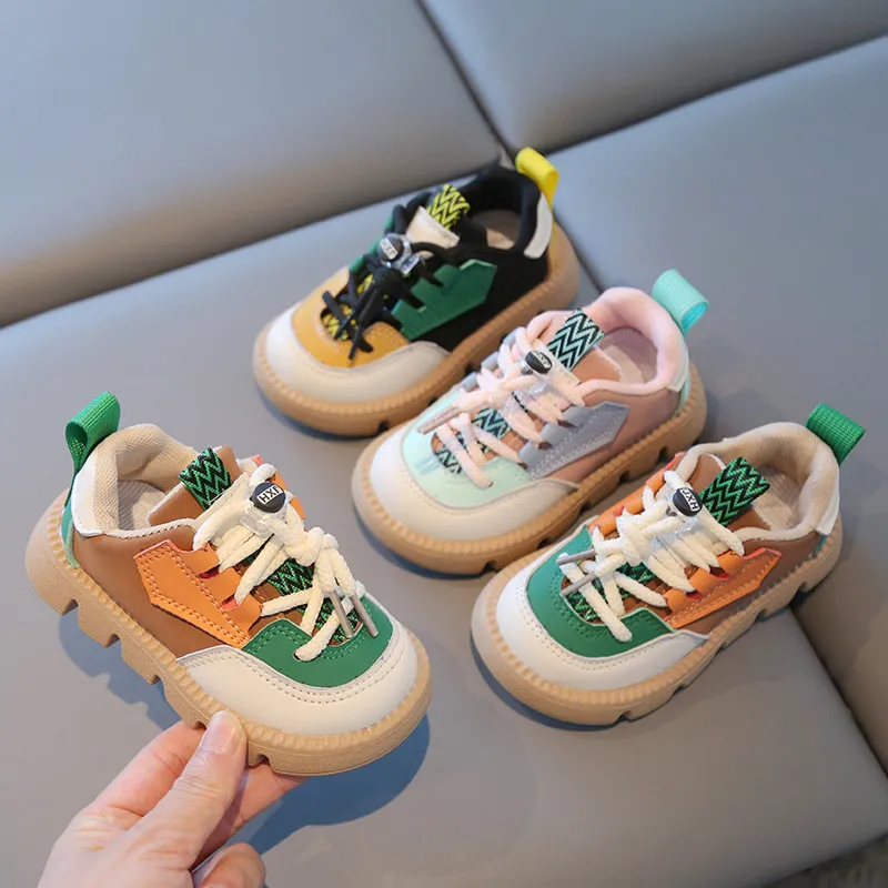 Kids Boys Girls Spring Autumn Fashion Casual Color PU Lace-Up Low Top Flat Sneakers Shoes