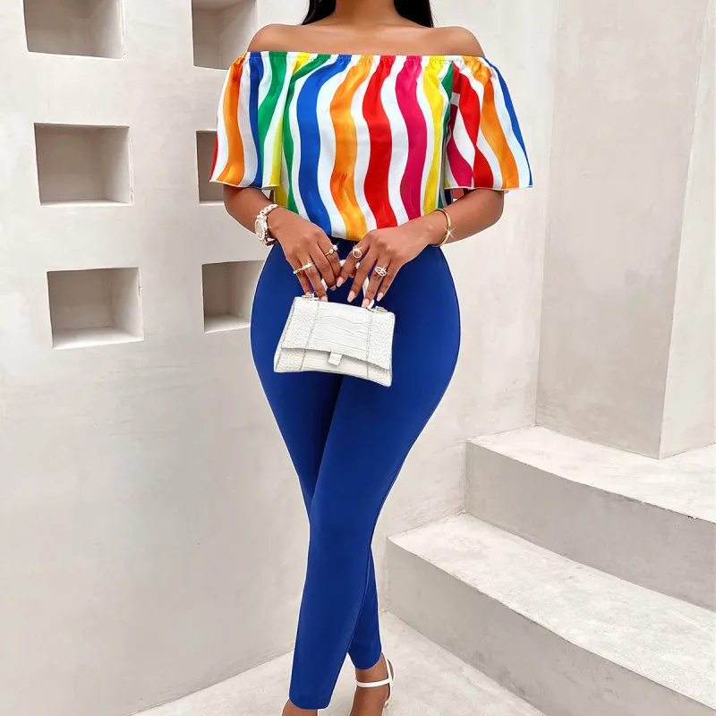 Women Fashion Sexy Off Shoulder Rainbow Print Top Solid Color Pants Two-Piece Set
