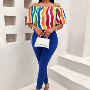 Women Fashion Sexy Off Shoulder Rainbow Print Top Solid Color Pants Two-Piece Set