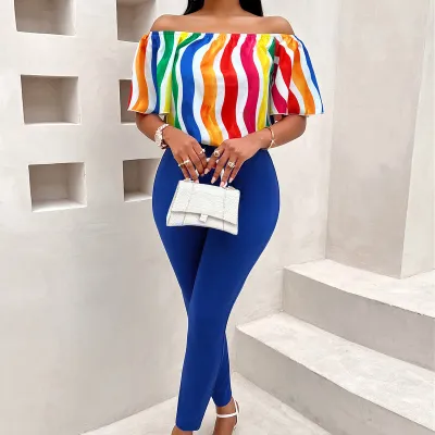 Women Fashion Sexy Off Shoulder Rainbow Print Top Solid Color Pants Two-Piece Set
