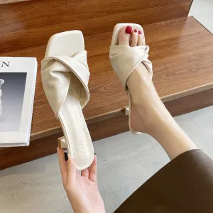 Summer Women's Plus Size Solid Color Square Toe Mid Heel PU Slippers