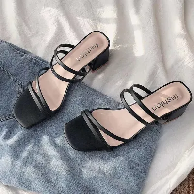 Summer Women Plus Size Square Toe Black Strap PU Sandals