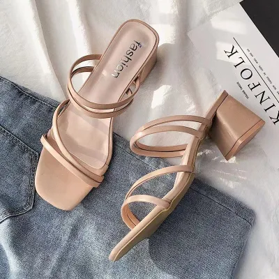 Summer Women Plus Size Square Toe Black Strap PU Sandals
