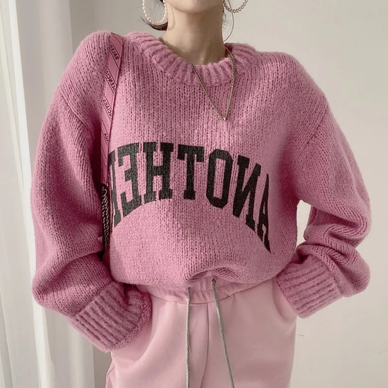 Autumn Winter Women Fashion Loose Crewneck Letter Knitted Sweater